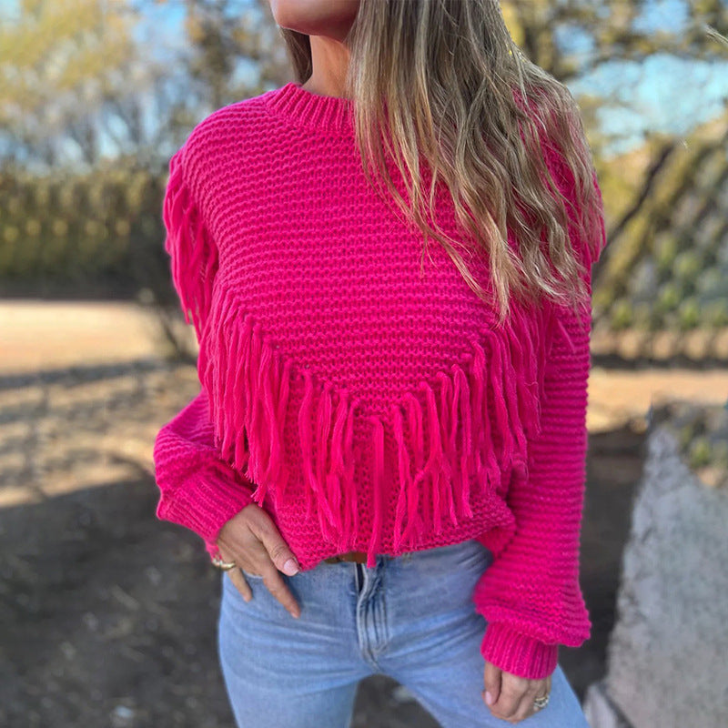 Women Clothing Autumn Winter Loose Fitting Long Sleeves Tassel Knitted Top