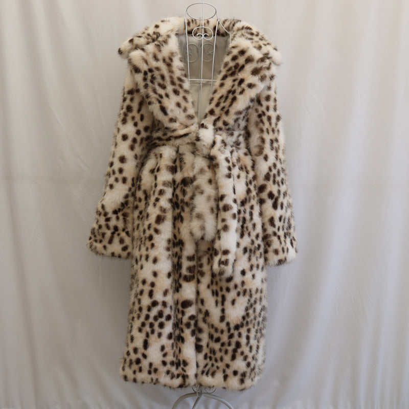 Women Leopard Print Faux Fur Coat Fox Fur Long Cut Coat Toka Wool Collar Belt Mink Velvet Trench Coat