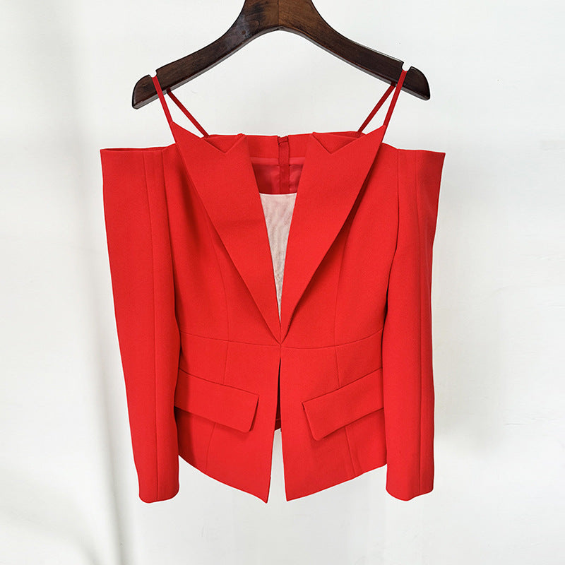 Zipper Personality Sexy Solid off Shoulder Blazer Red