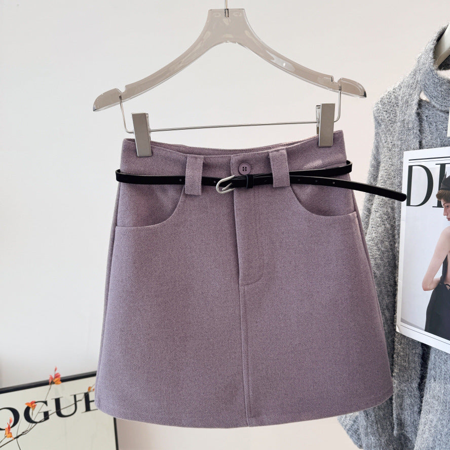 Woolen Skirt Women Autumn Winter High Waist Slimming A line Skirt Belt Short Skirt