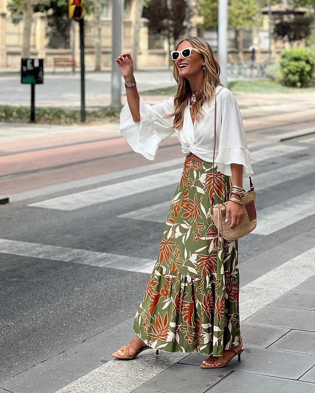 Women Skirt Summer Print Holiday Casual Skirt Green