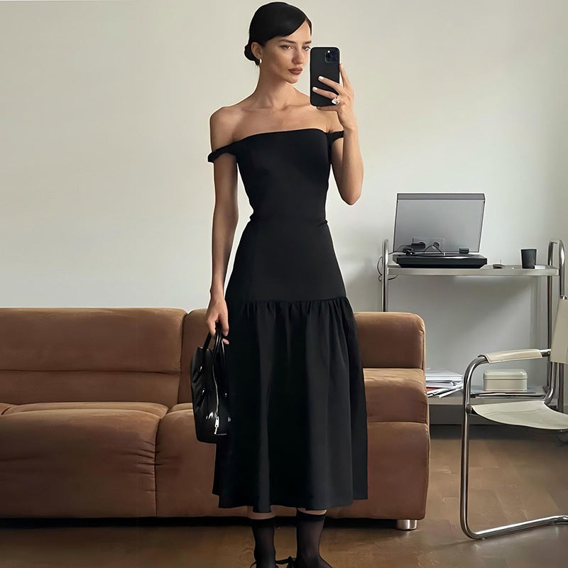 Women Clothing Autumn Solid Color Off Shoulder Tube Top Cinched Waist Slim Dress Dress Women