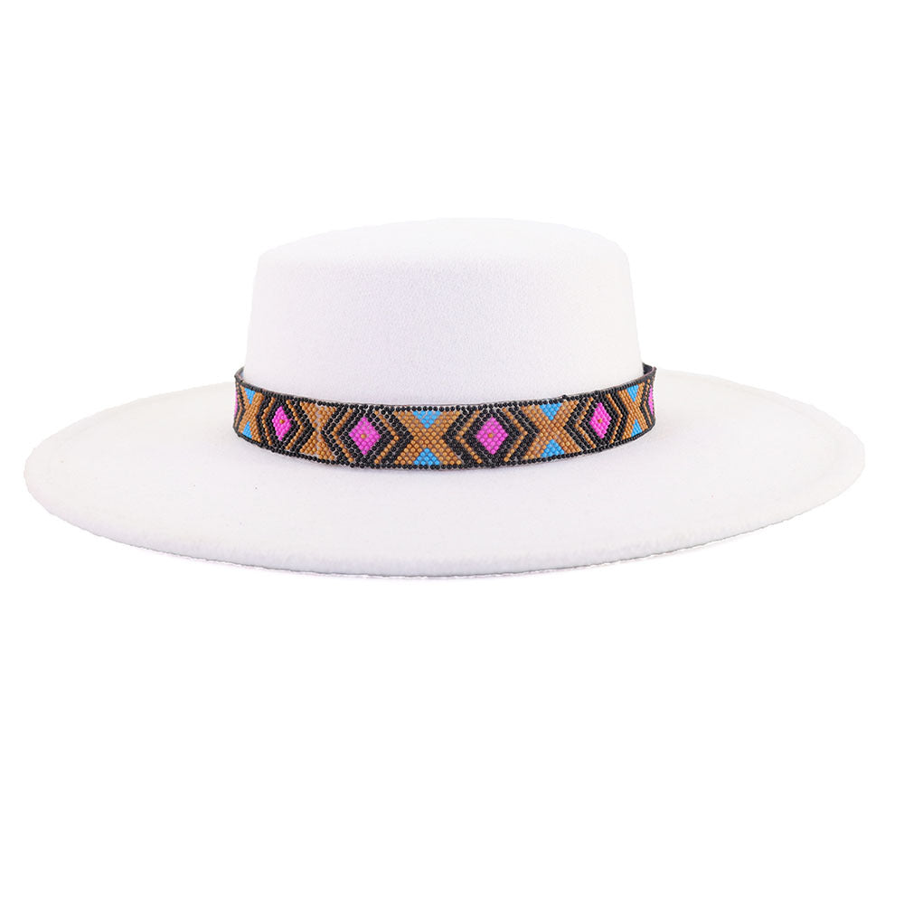 [Minimum order quantity is 2 pieces]Woolen Flat Top Hat Large Brim Hat Bohemian Holiday Broad Brimmed Hat M（56-58cm） White Purple Beads