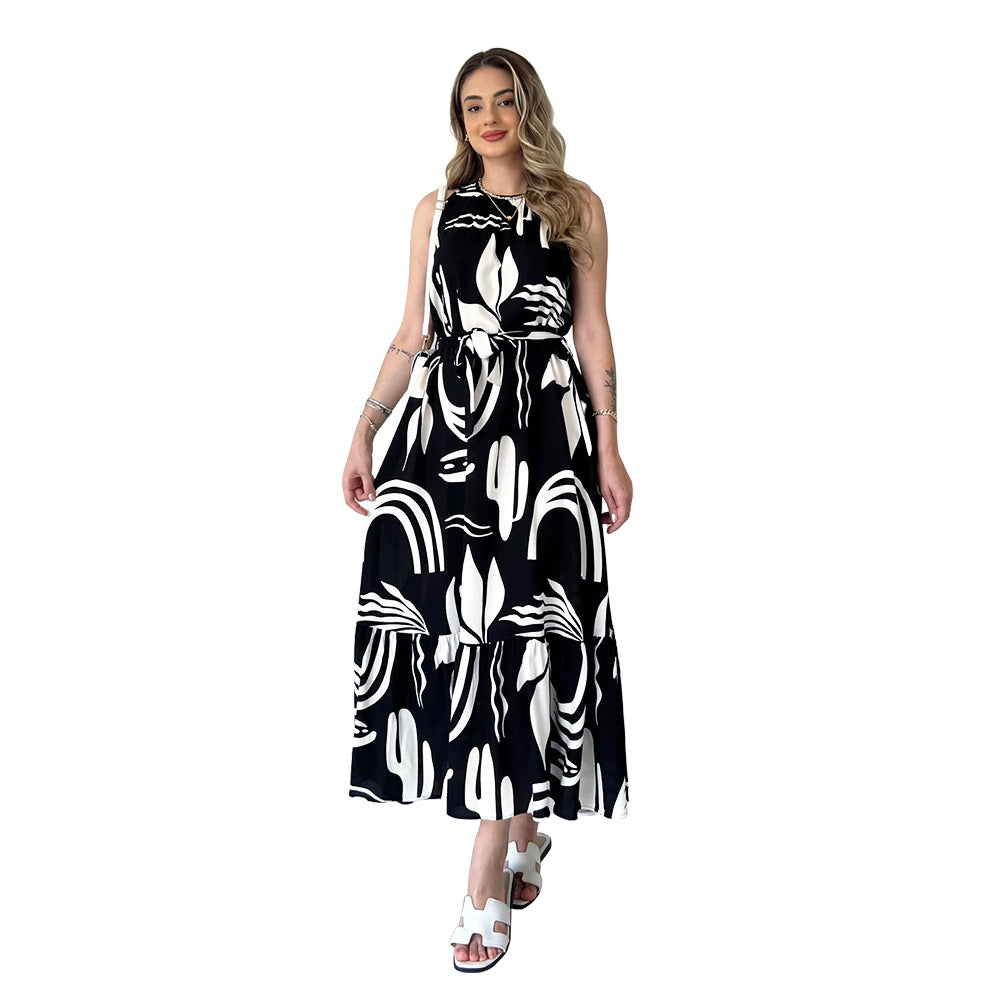 Women Wear Irregular Asymmetric Pattern Print Sleeveless High Waist Slim Tether Dress Black