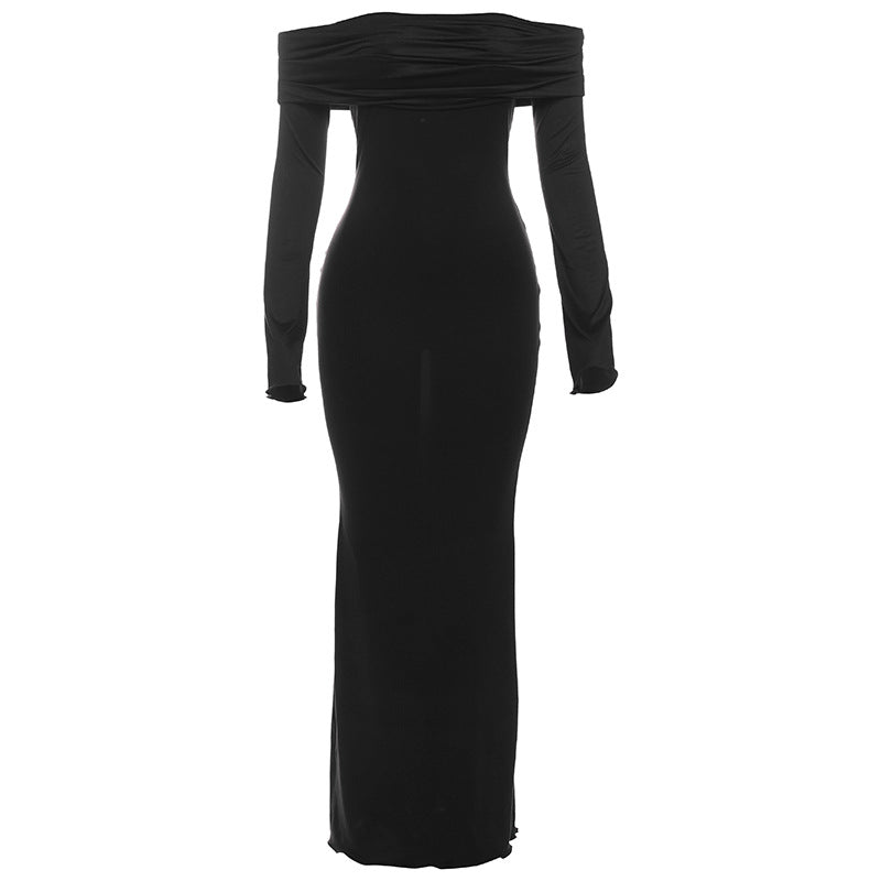 Winter Women Clothing Elegant off Shoulder High Waist Slim Dress Black