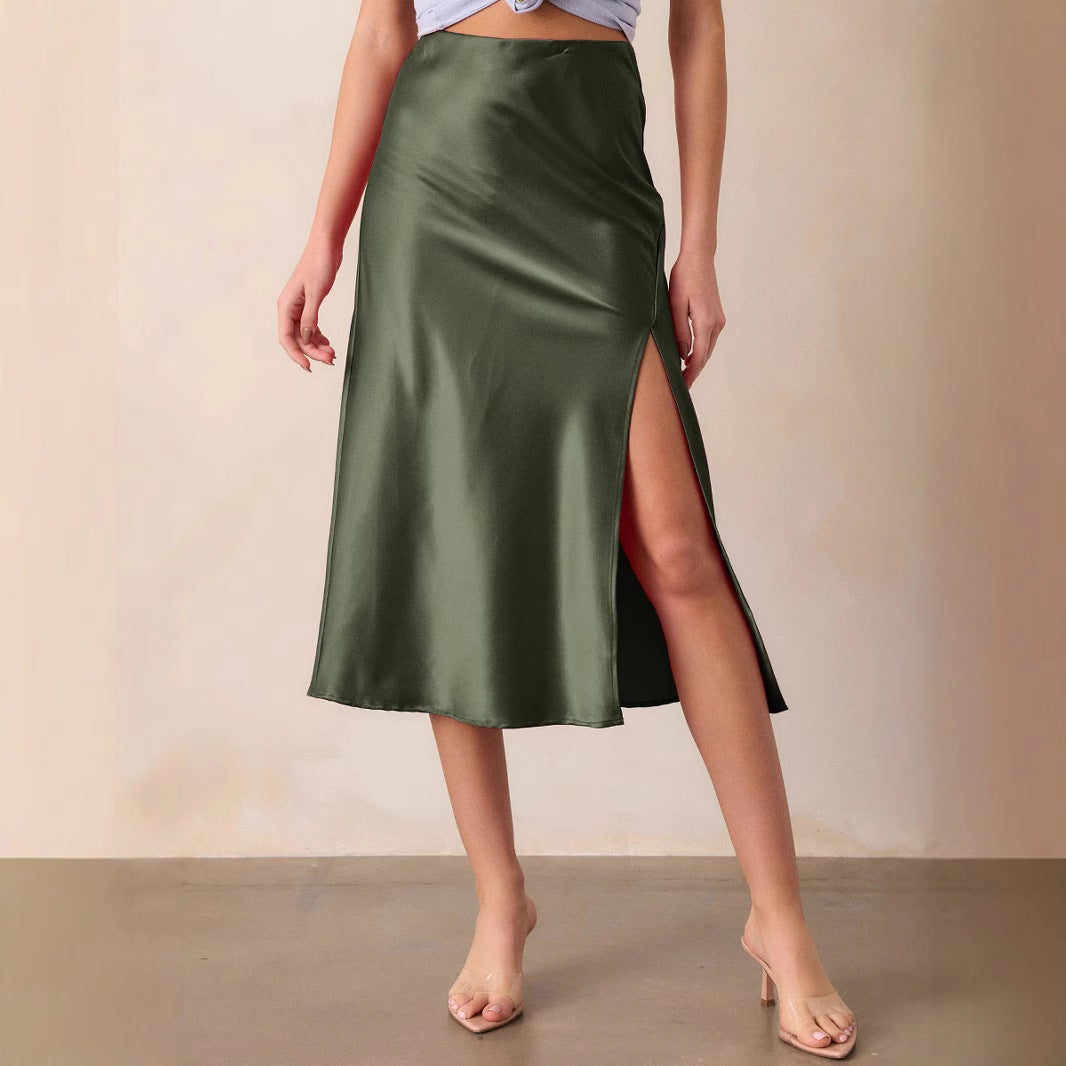 Women Clothing Satin Skirt High Waist Elastic Oblique Slit Long Skirt Sexy Hip Skirt