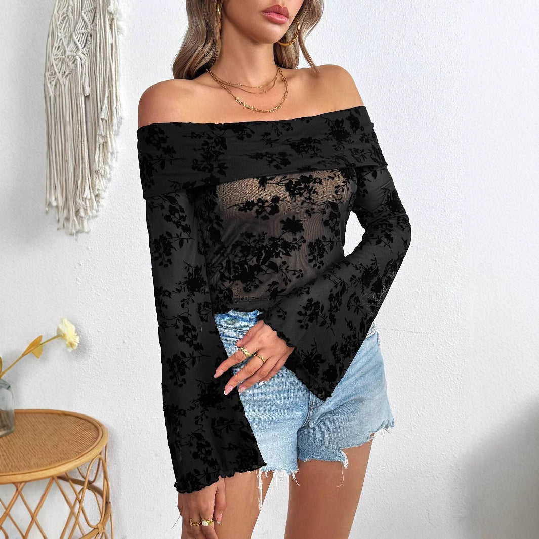 Women Knitted Mesh Flocking Floral Print off the Shoulder Flared Sleeves Slim T shirt Top Women