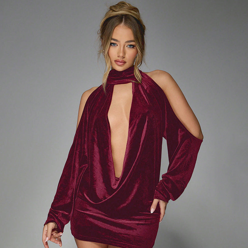 Women Clothing Halter Swing Collar Bare Back Sexy Sexy Velvet Dress Burgundy