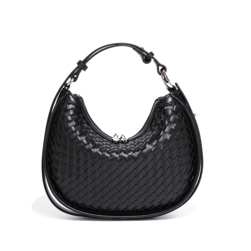 Woven Bag Women Woven Bag Idle Soft Leather Textured Oval Saddle Hand Carrying Selenodont Bag One Size Black