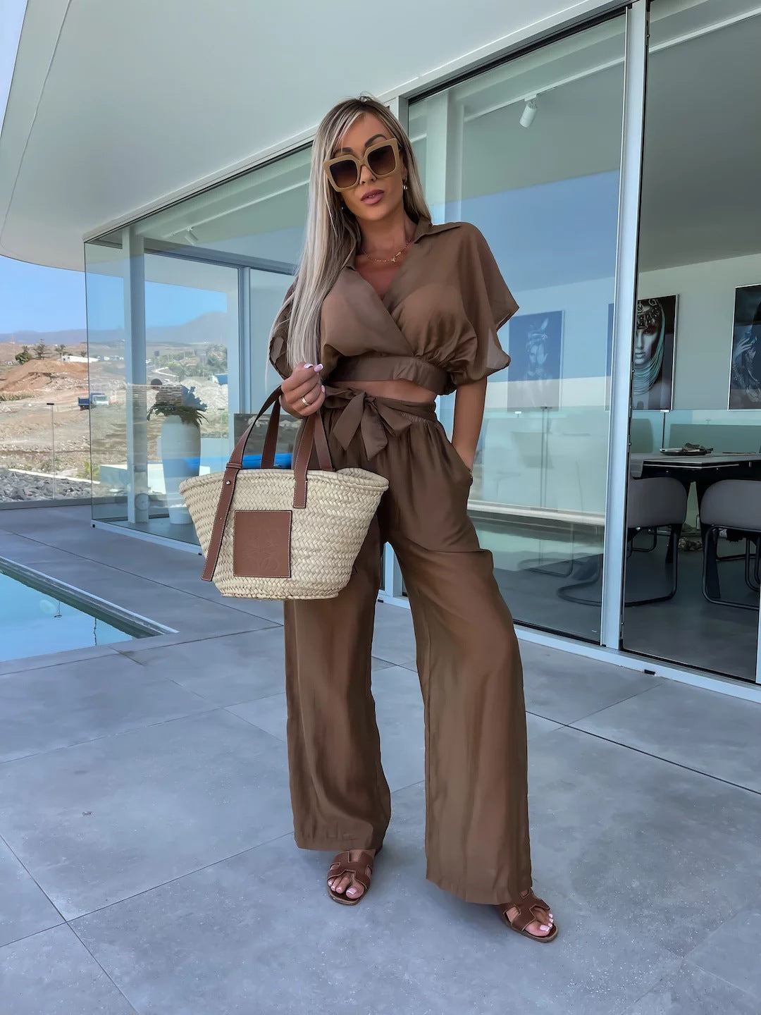 Spring Summer Comfort Casual Deep V Plunge Neck Solid Color Silk Waist Lace up Straight Leg Pants Suit