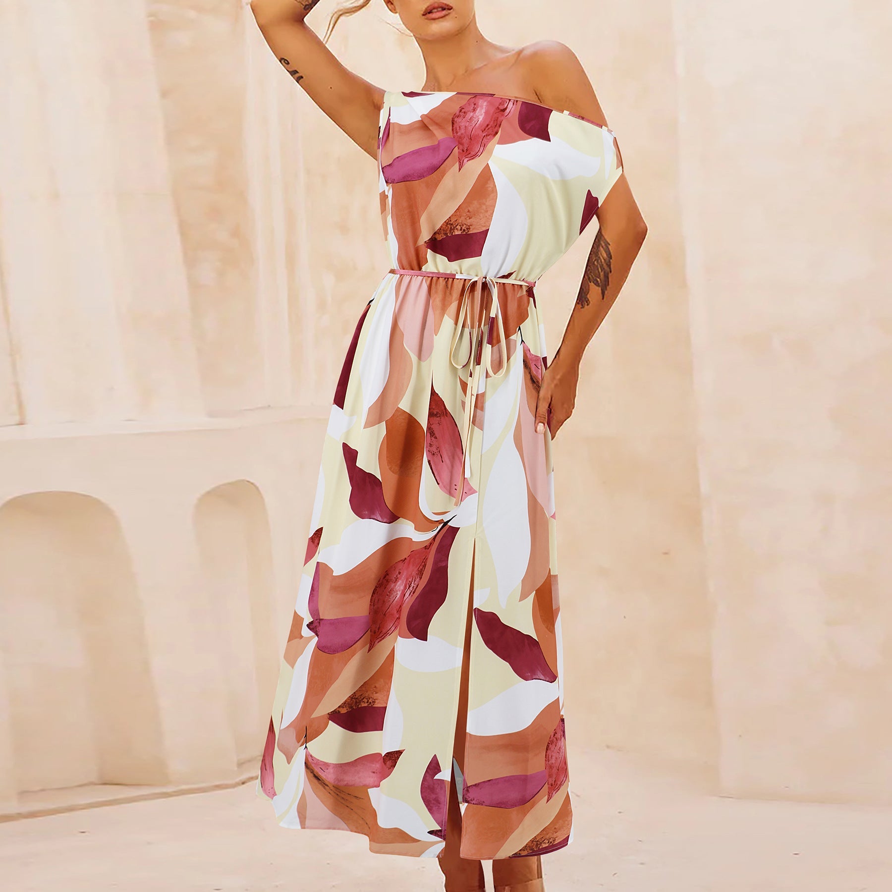 Spring Summer Elegant Slim Printed Dress Off Neck Slit Belt Dress Multcolor-4