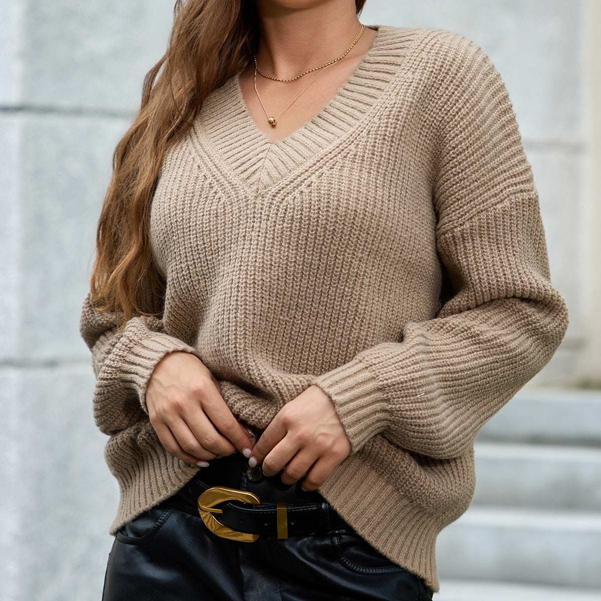 V neck Pullover Long Sleeve Sweater Women Clothing Fashionable Solid Color All Matching Knitted Top for Women