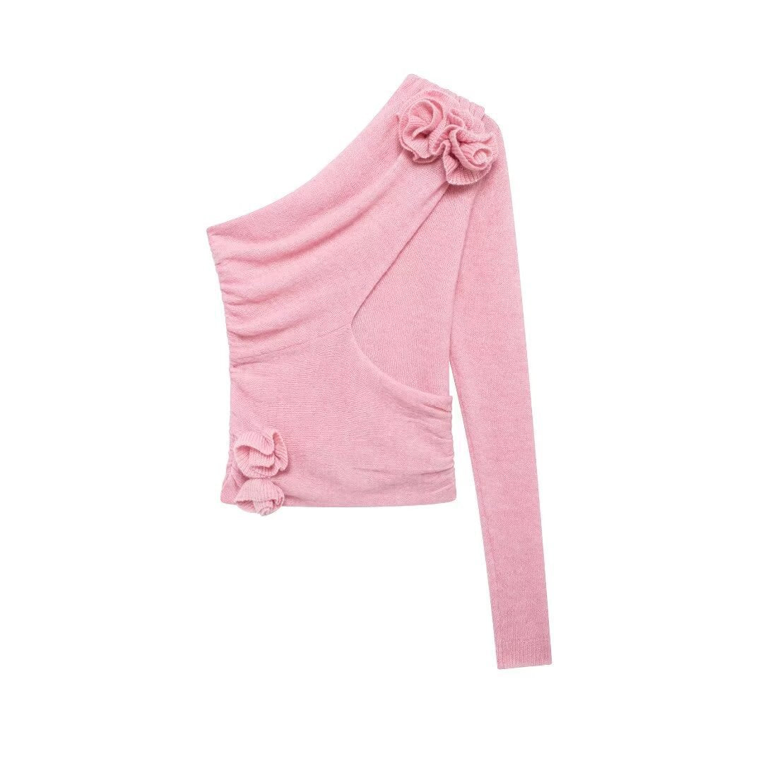 Women Clothing Special Interest Design Three Dimensional Floral Decorative Sweater Pink