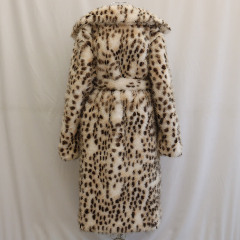 Women Leopard Print Faux Fur Coat Fox Fur Long Cut Coat Toka Wool Collar Belt Mink Velvet Trench Coat