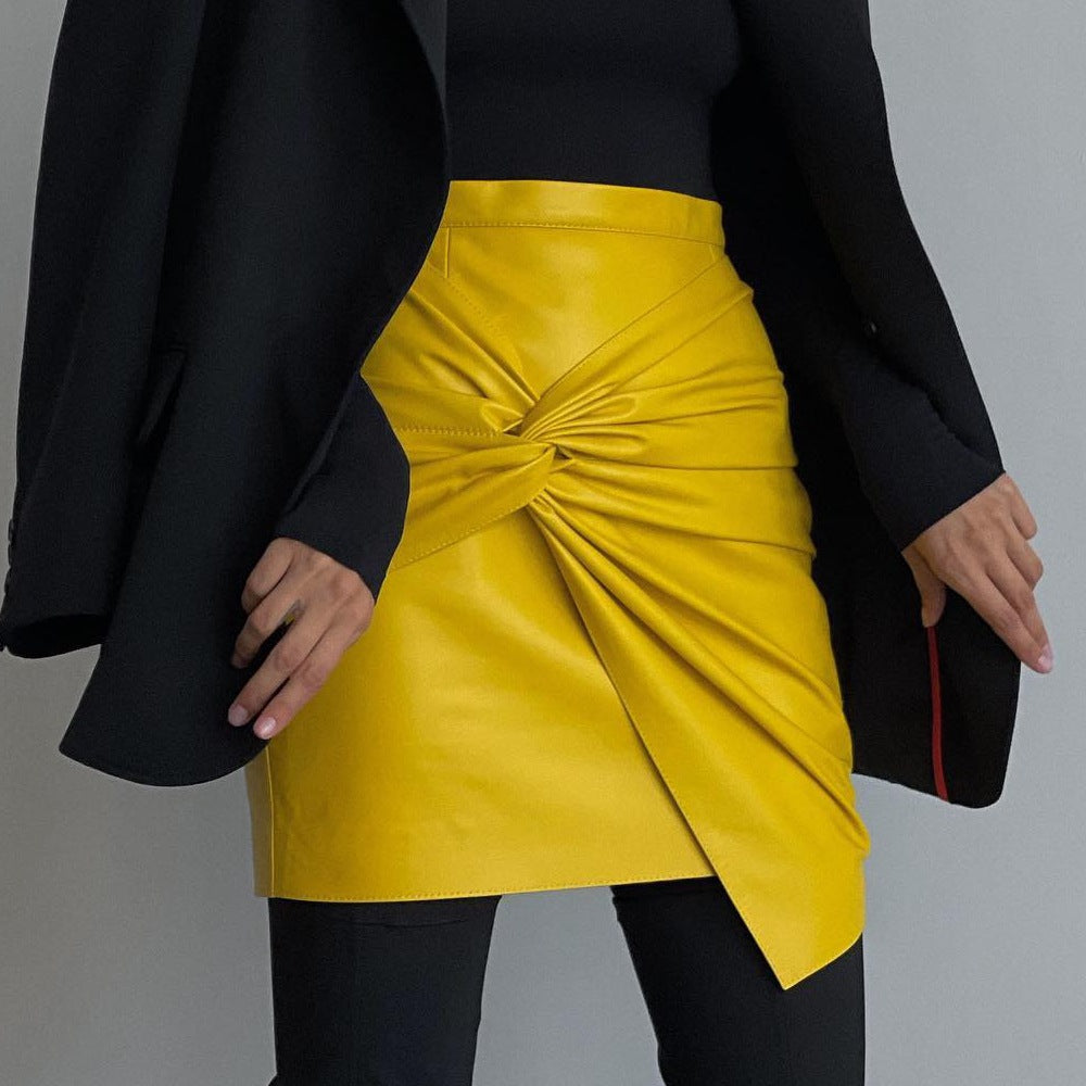 Women Clothing Autumn Winter Street Ruffle Hip Skirt Leather Skirt Yellow