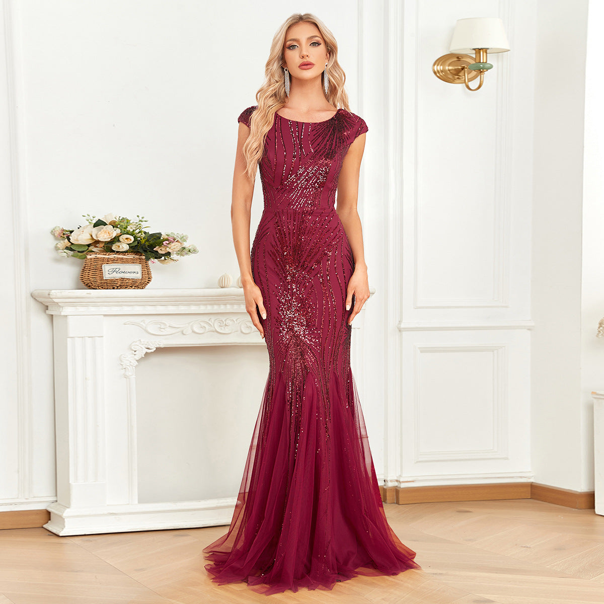 Wine Red Dress Maxi Dress Fishtail Sequin Slim Fishtail Bridesmaid Cocktail Evening Dress