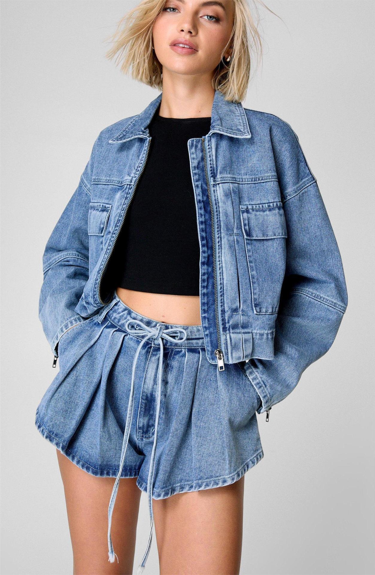 Spring Long Sleeve Denim Coat Women Loose Casual Multi Pocket Workwear Shorts Two Piece Sets