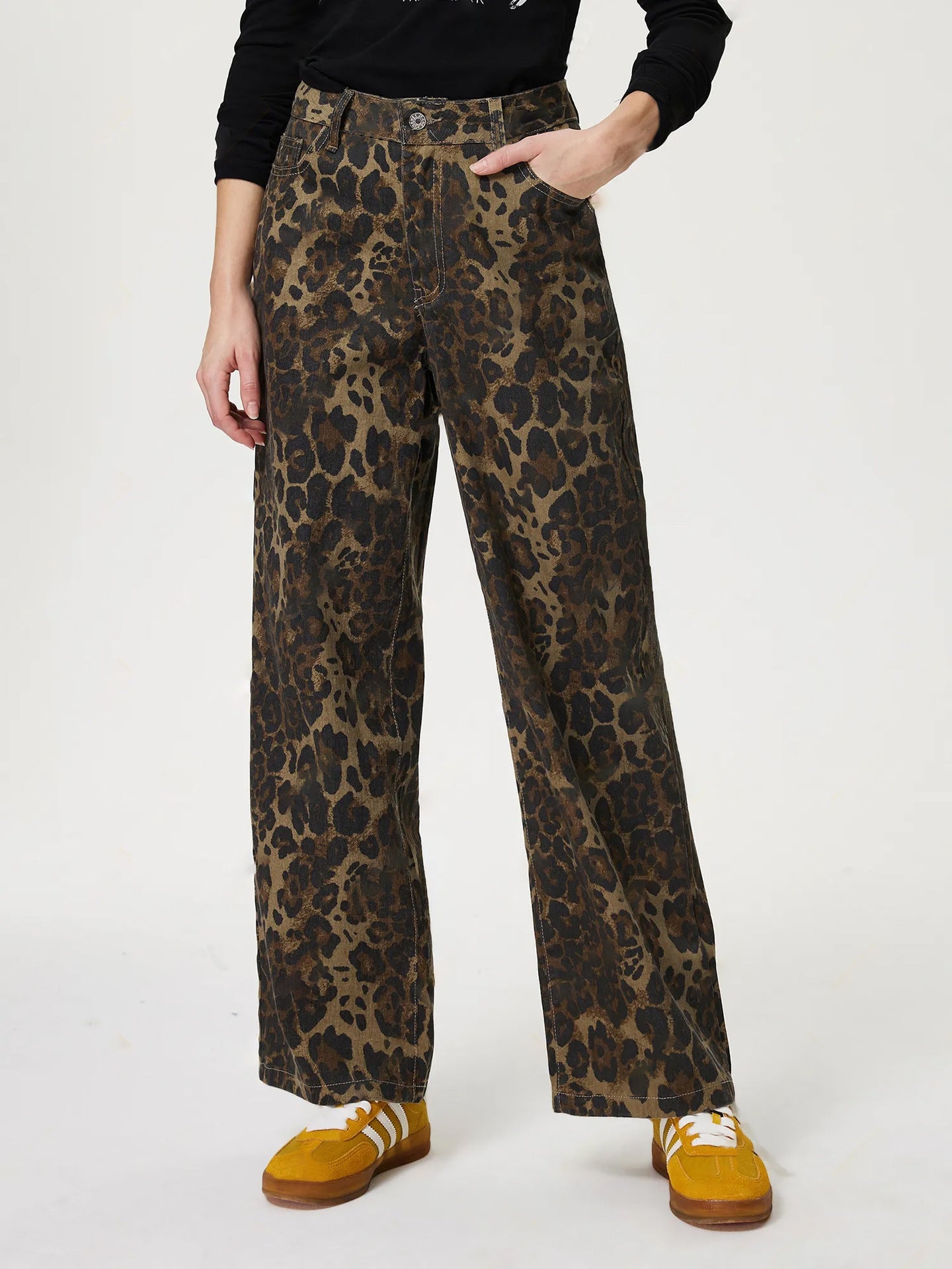 Women Clothing Vintage Leopard Print Straight Leg Denim Trousers Leopard