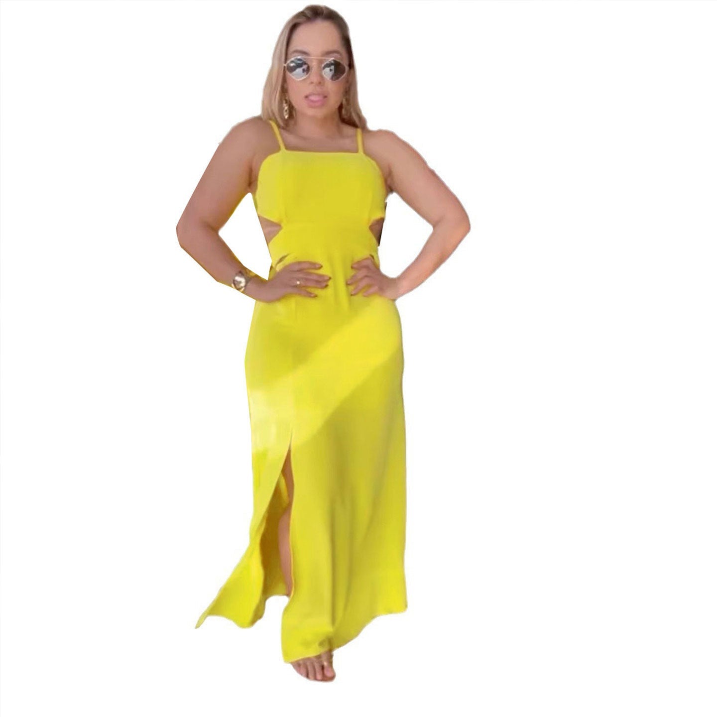 Women Solid Color Sleeveless Split Hip Strap Backless Dress Yellow