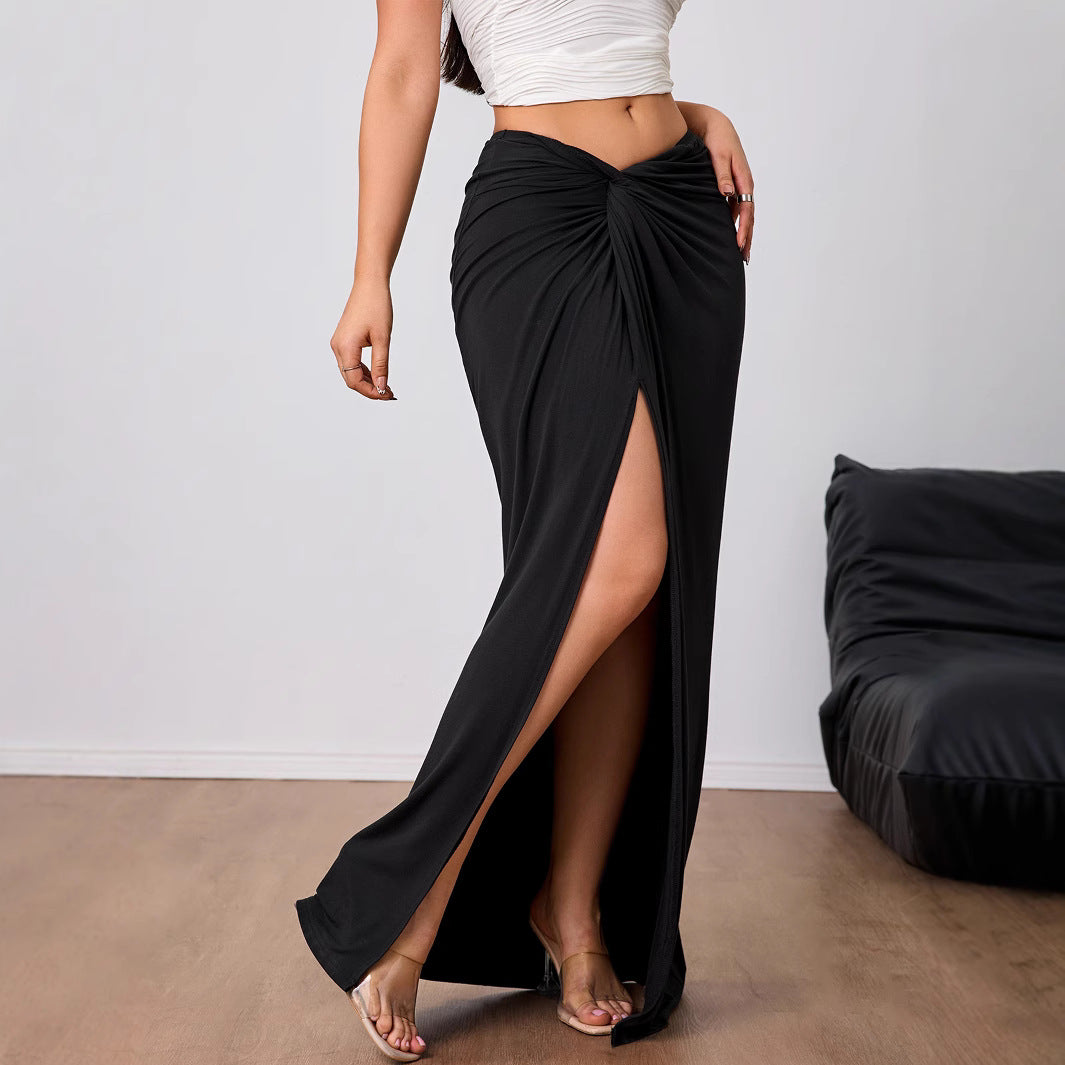 Women Elegant Skirt Autumn Winter High Waist Slit Midi Skirt