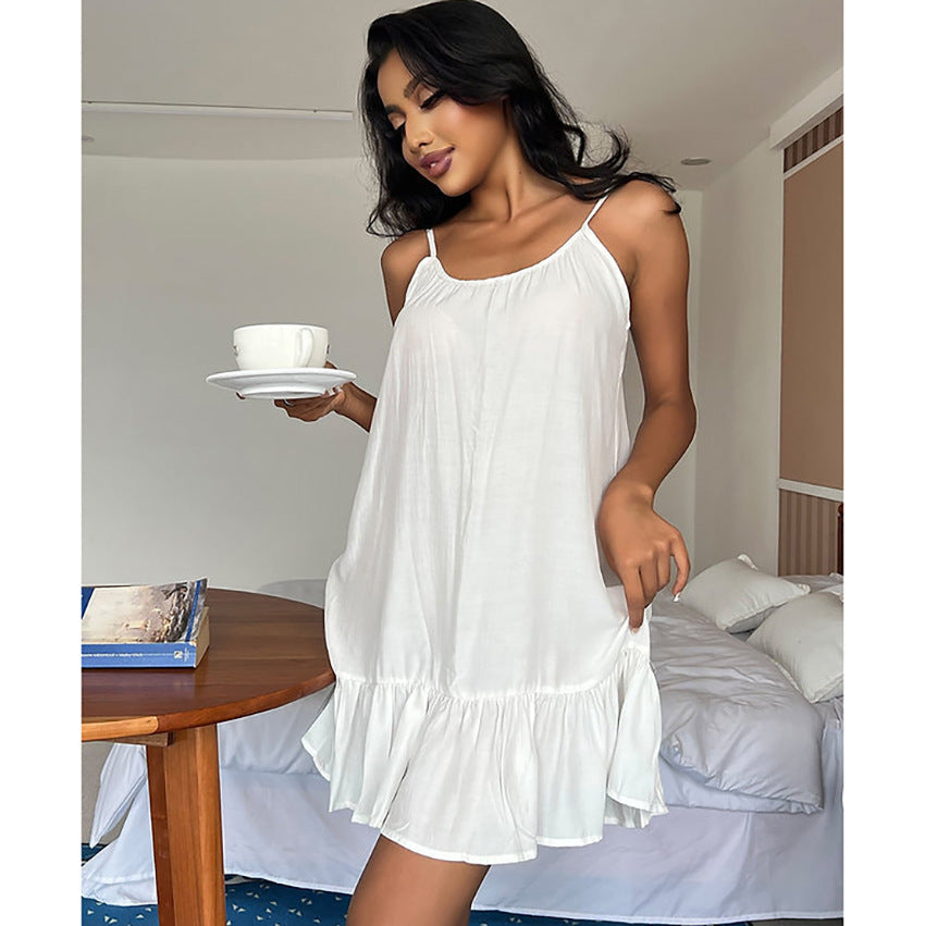 Summer Thin Rayon Skin Friendly Sexy Backless White Suspender Short Nightdress Ruffled Ladies Homewear