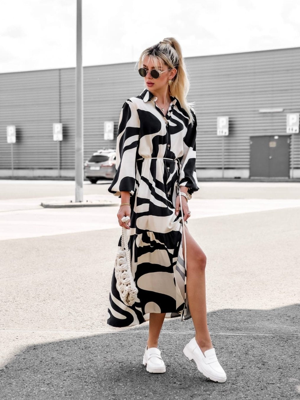 Women Autumn Printed Casual Lace up Shirt Dress Long Dress Black-and-White Printing