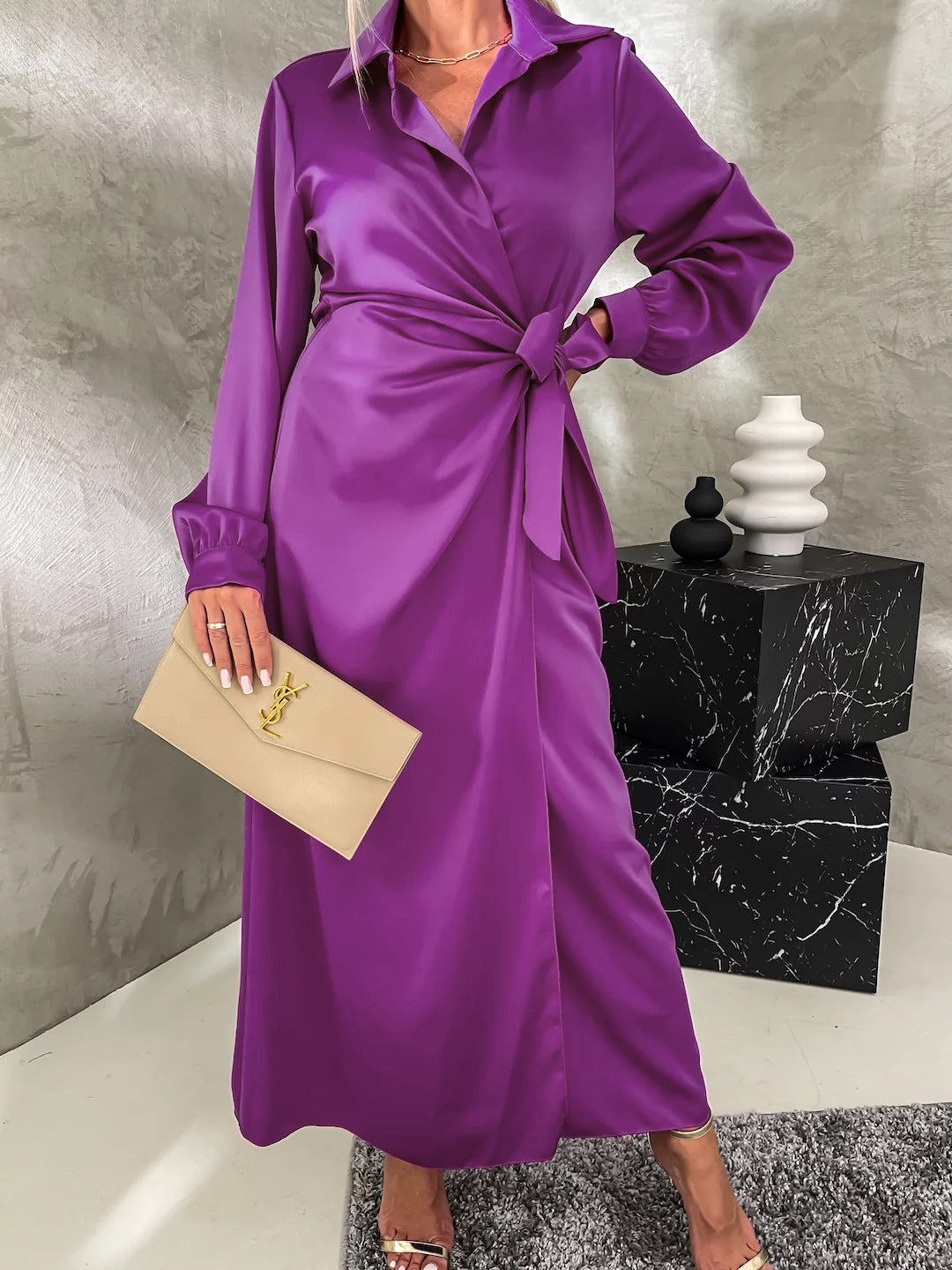 Women Autumn Lace up High Waist Dress Split Long Sleeve Collared Sexy Dress Women violet