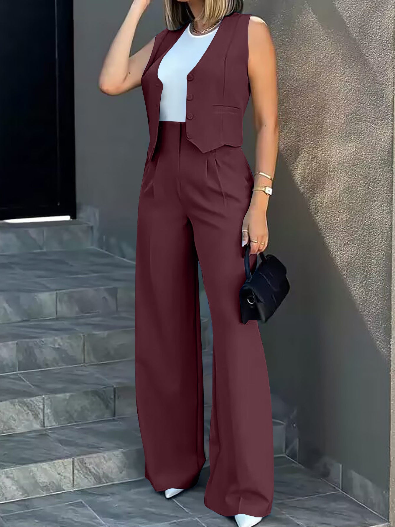 Women Vest Jacket Wide Leg Pants Casual Set Burgundy