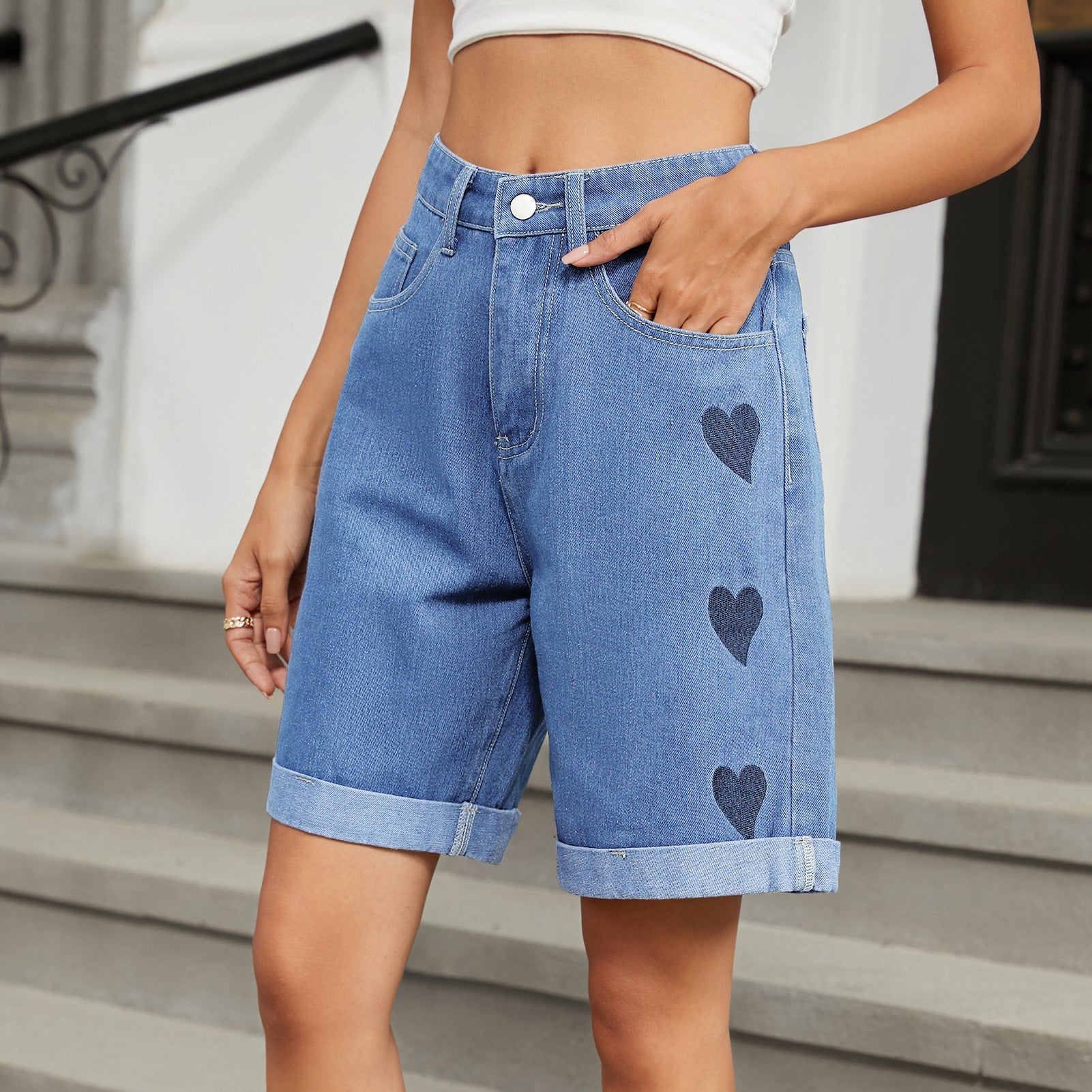 Women Clothing Trade Ripped Curling Five Points Denim Shorts Casual Pants