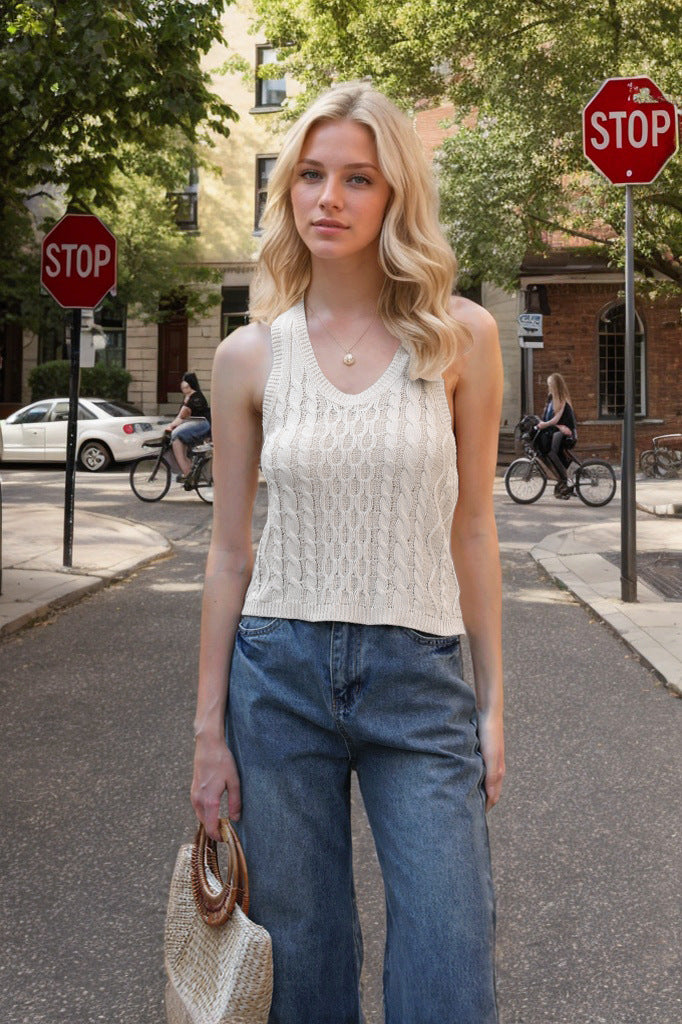 Summer Women Clothing Casual Knitted V neck Solid Color Small Tank Top White Beige