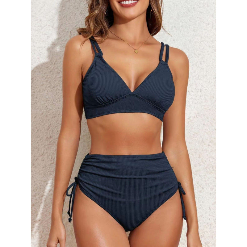 Swimwear Bikini Split High Waist Sunken Stripe Sexy Swimsuit Women Solid Color Split Swimsuit Swimsuit