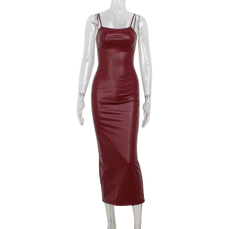 Wine Red Vintage Camisole Faux Leather Skinny Sheath Dress Split Dress Dress Wine Red