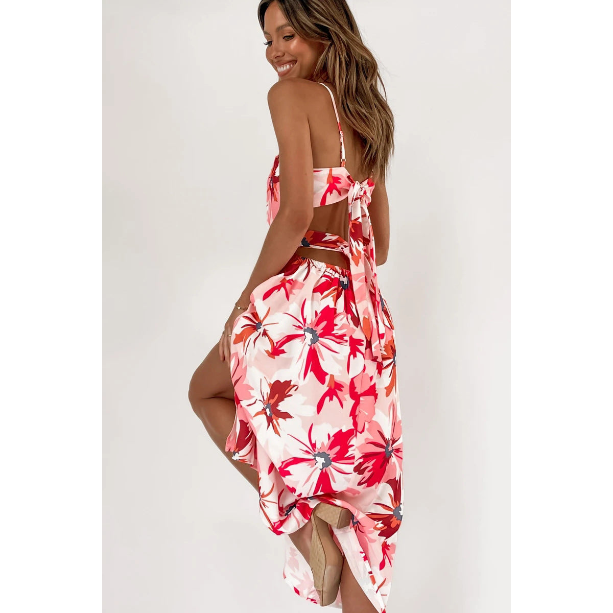 Spring Summer Digital Floral Print Fresh Vestidos Sweet Back Lace-up Estampado Floral Dress