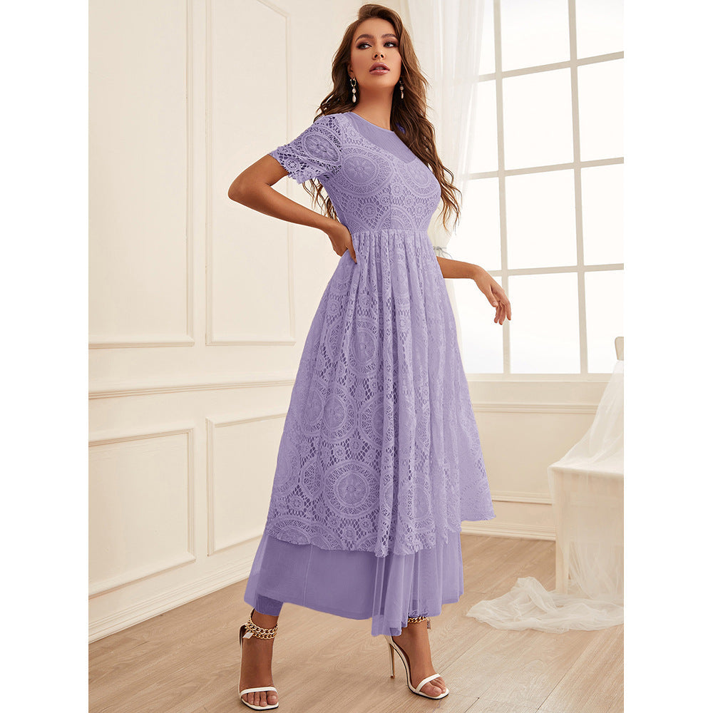 Women Clothing Summer Lace Stitching Mesh Solid Color Dress violet