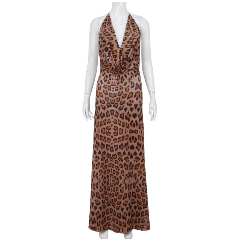 Women V neck Halter Bare Back Sexy Leopard Print Dress Slim Elegant Dress Leopard Print