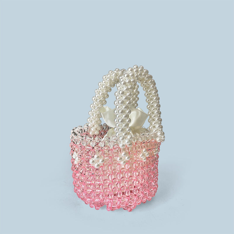 Spring Summer Beach Bag Beaded Pink Beads Bag Steamed Crystal Bun Hand Woven Beaded Bag