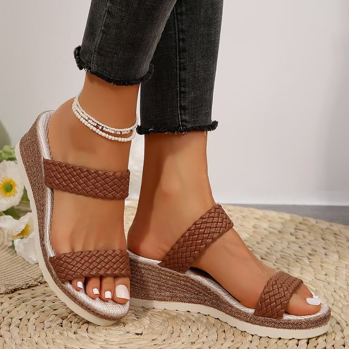 Spring plus Size Knitted Belt Wedge Slippers Women Outer Wear round Head Thick Bottom Mid Heel Platform Sandals