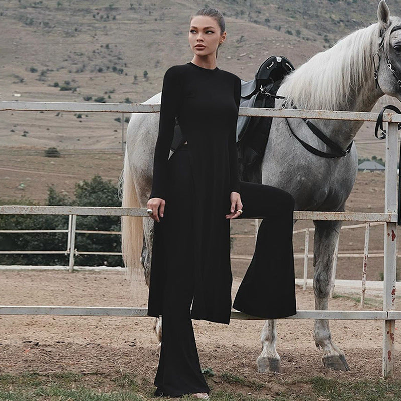 Winter Women Clothes Long Sleeve Crew Neck Split Long Skirt Flared Pants Two Piece Set Suit Women Black