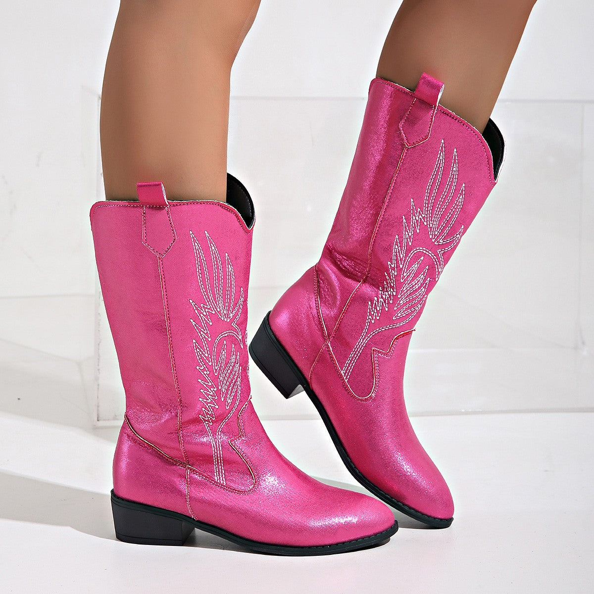 V Cut Embroidery Mid-Calf Western Knight Boots Women Pointed Toe Chunky Heel Embroidery Boots