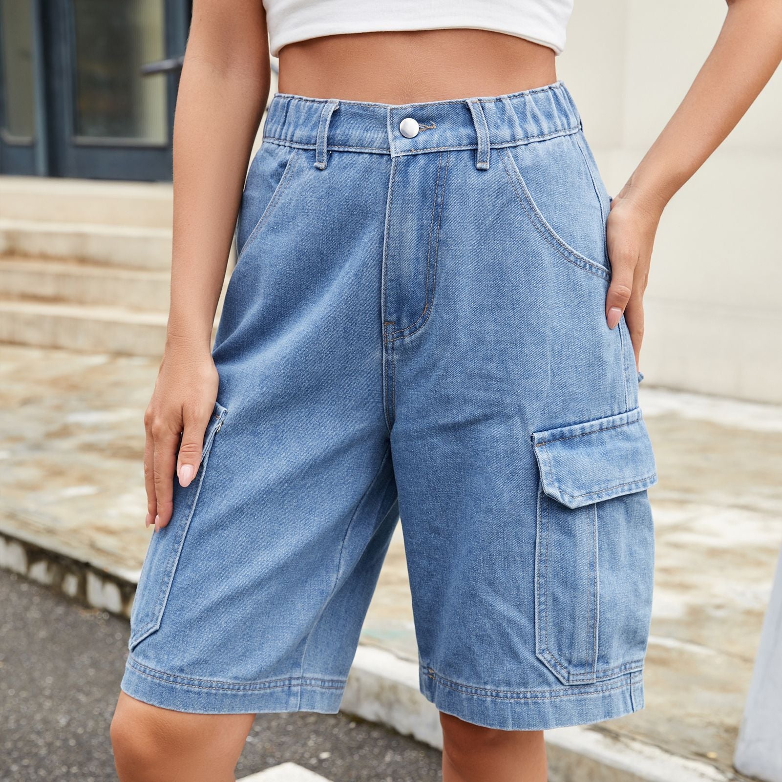 Women Clothing Summer Elastic Waist Denim Cargo Pants Shorts Trendy