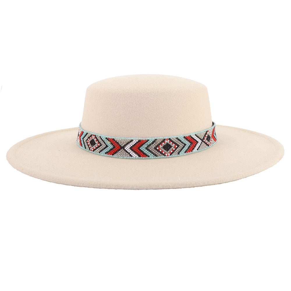 [Minimum order quantity is 2 pieces]Woolen Flat Top Hat Large Brim Hat Bohemian Holiday Broad Brimmed Hat M（56-58cm） Beige Lake Blue Beads