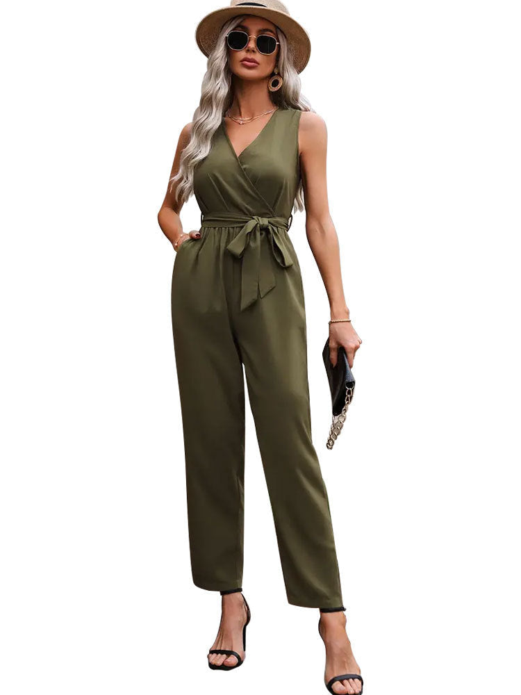 Women Clothing Summer Elegant Office Sleeveless Cross Collar Waistline Lace up Jumpsuit Casual Pants for Women Army Green