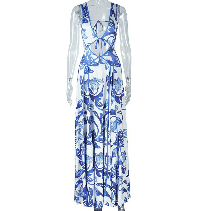 Women Clothing Comfort Casual Backless Blue White Printed Fairy Dress V neck Sling Dress Blue and white