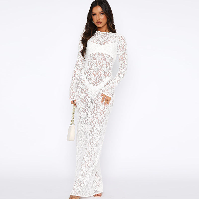 Women Clothing Spring Summer Solid Color Lace See through Long Sleeve Mid Length Dress White