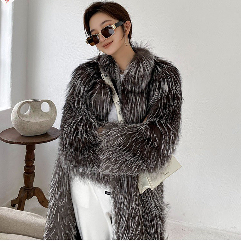 Women Autumn Winter Silver Fox Fur Clothing Coat Faux Fur Long Cut Coat Trending Fur Short Coat Casual Trench Coat Silver fox color