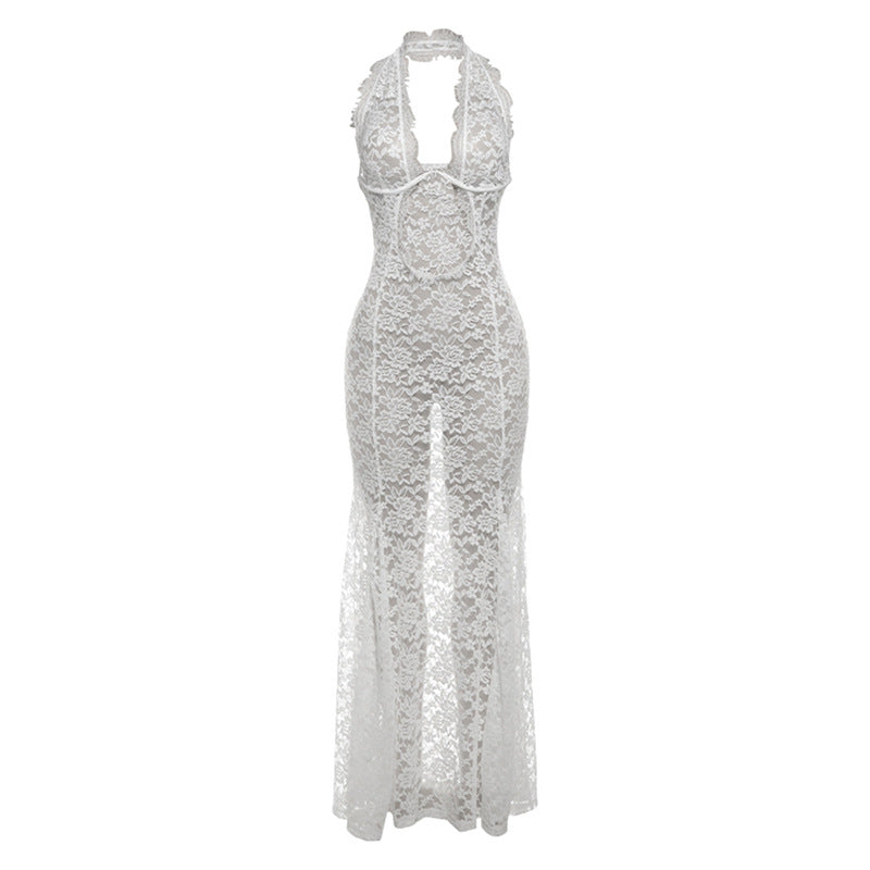 Women Summer Elegant Lace Hollow Out Cutout out Halter Maxi Dress Sexy Backless Solid Color Dress White