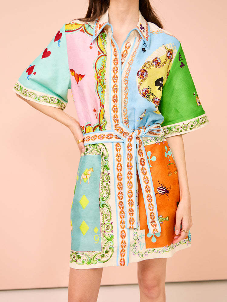 Women Casual Linen Printed Shirt Cardigan Wild Dress Multi