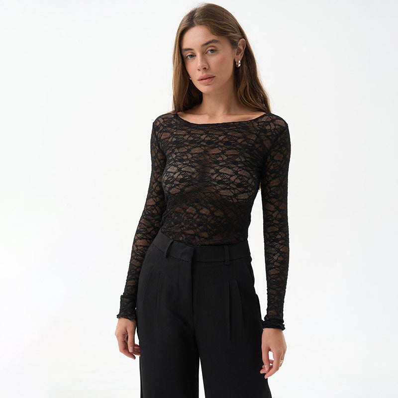 Women Clothing Autumn Winter Lace Transparent Basic Casual Elegant Top Base Black