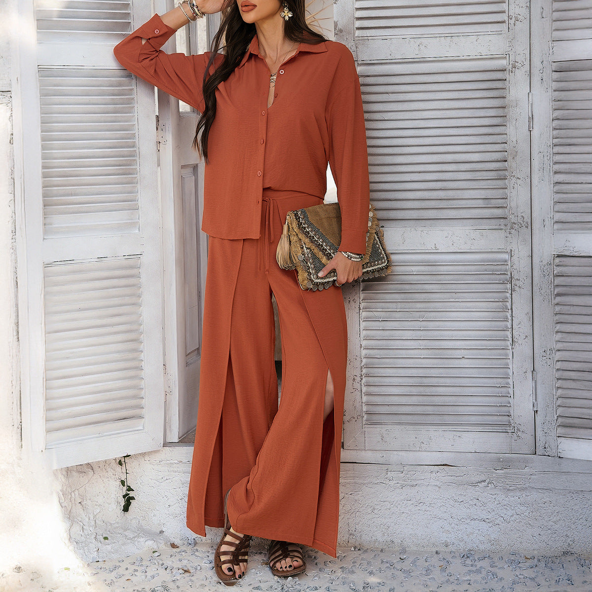 Spring Summer Casual Vacation Solid Color Shirt Wide Leg Trousers Women Clothing Two Pieces Set Orange