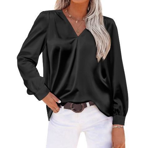 Women Satin Pleated Long Sleeved Top V neck Casual Loose Satin Office Shirt Black